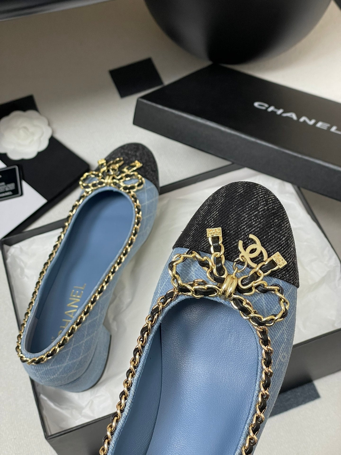CC 25S 60mm Chain Bow Single Pumps Blue Denim Black Grosgrain 247665