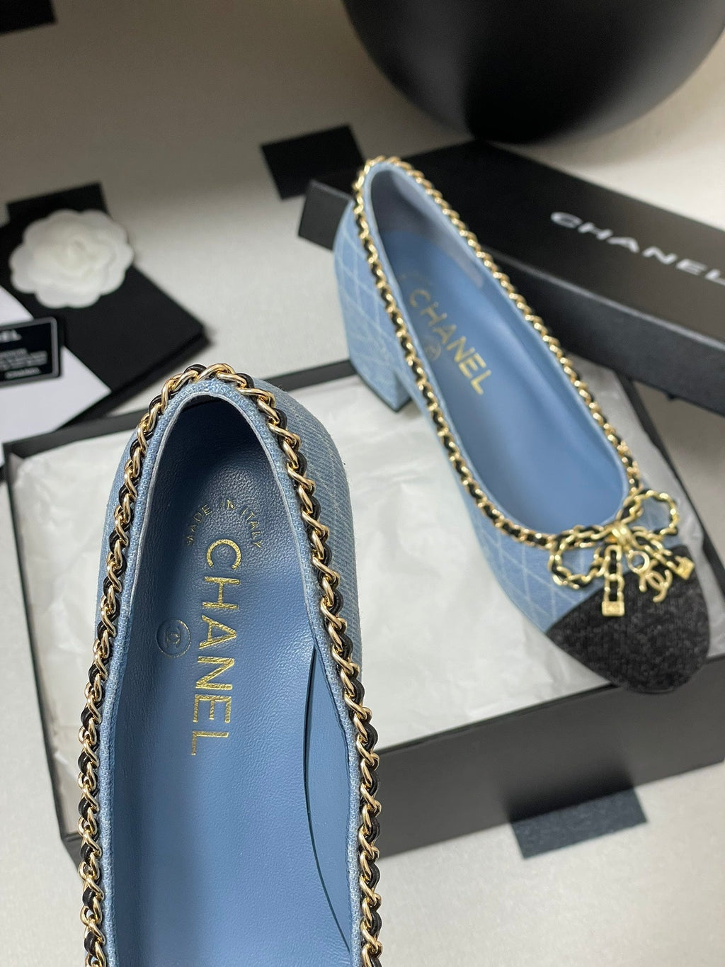 CC 25S 60mm Chain Bow Single Pumps Blue Denim Black Grosgrain 247665