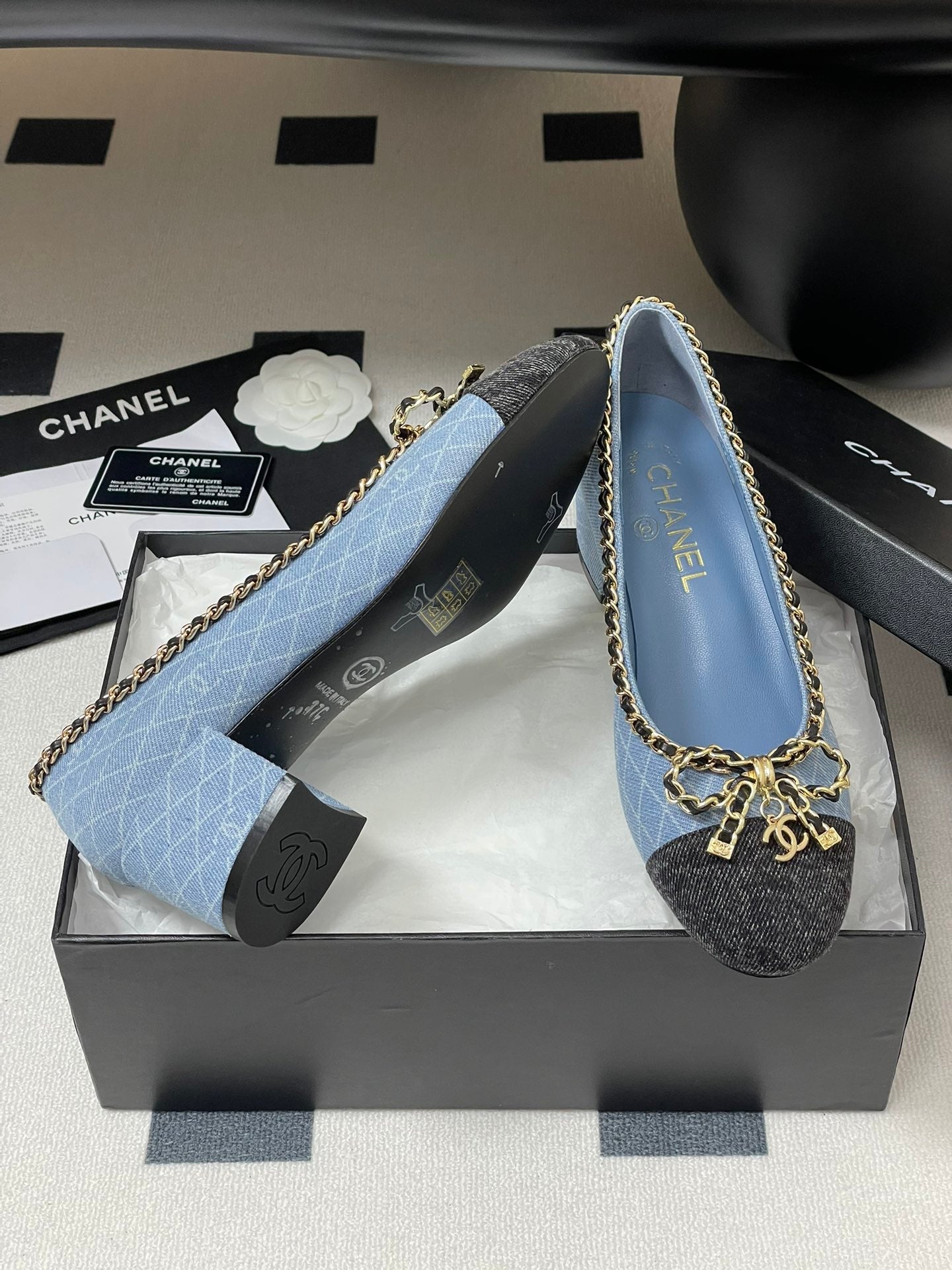 CC 25S 60mm Chain Bow Single Pumps Blue Denim Black Grosgrain 247665