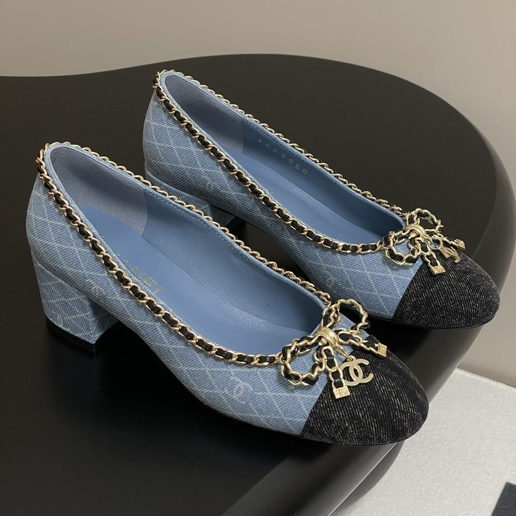 CC 25S 60mm Chain Bow Single Pumps Blue Denim Black Grosgrain 247665