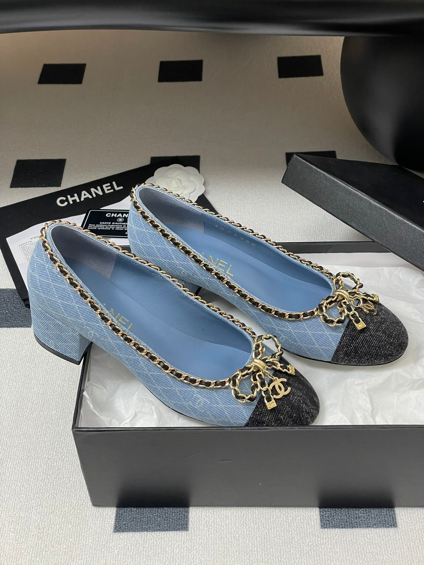 CC 25S 60mm Chain Bow Single Pumps Blue Denim Black Grosgrain 247665