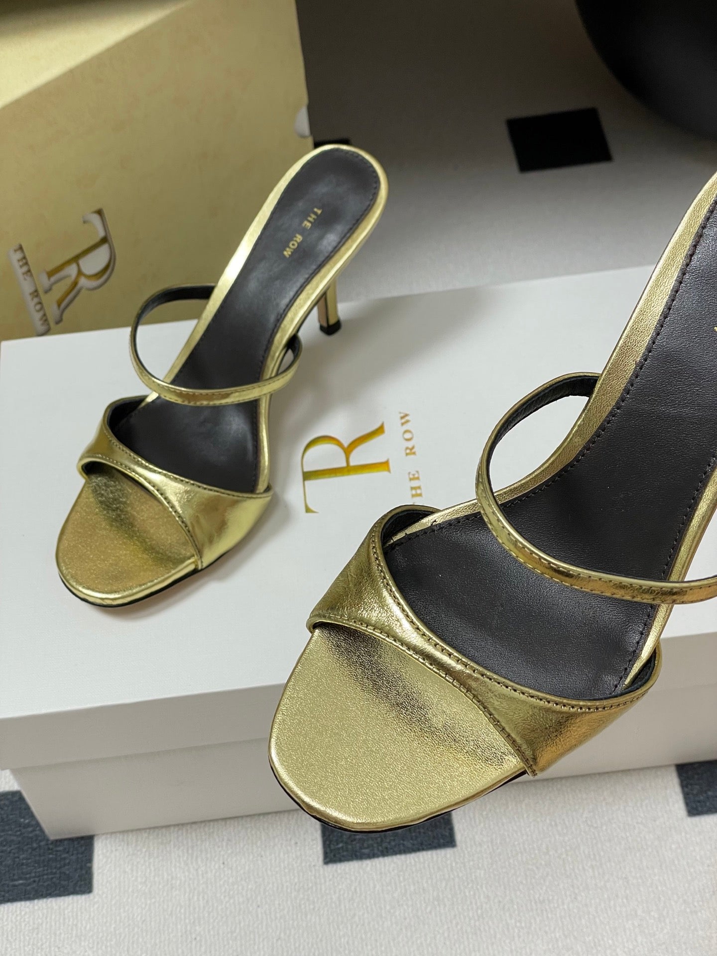 The Row 25S Strap High Heel Mule Sandals 85mm Black Mix Gold Metallic Cowhide 286210
