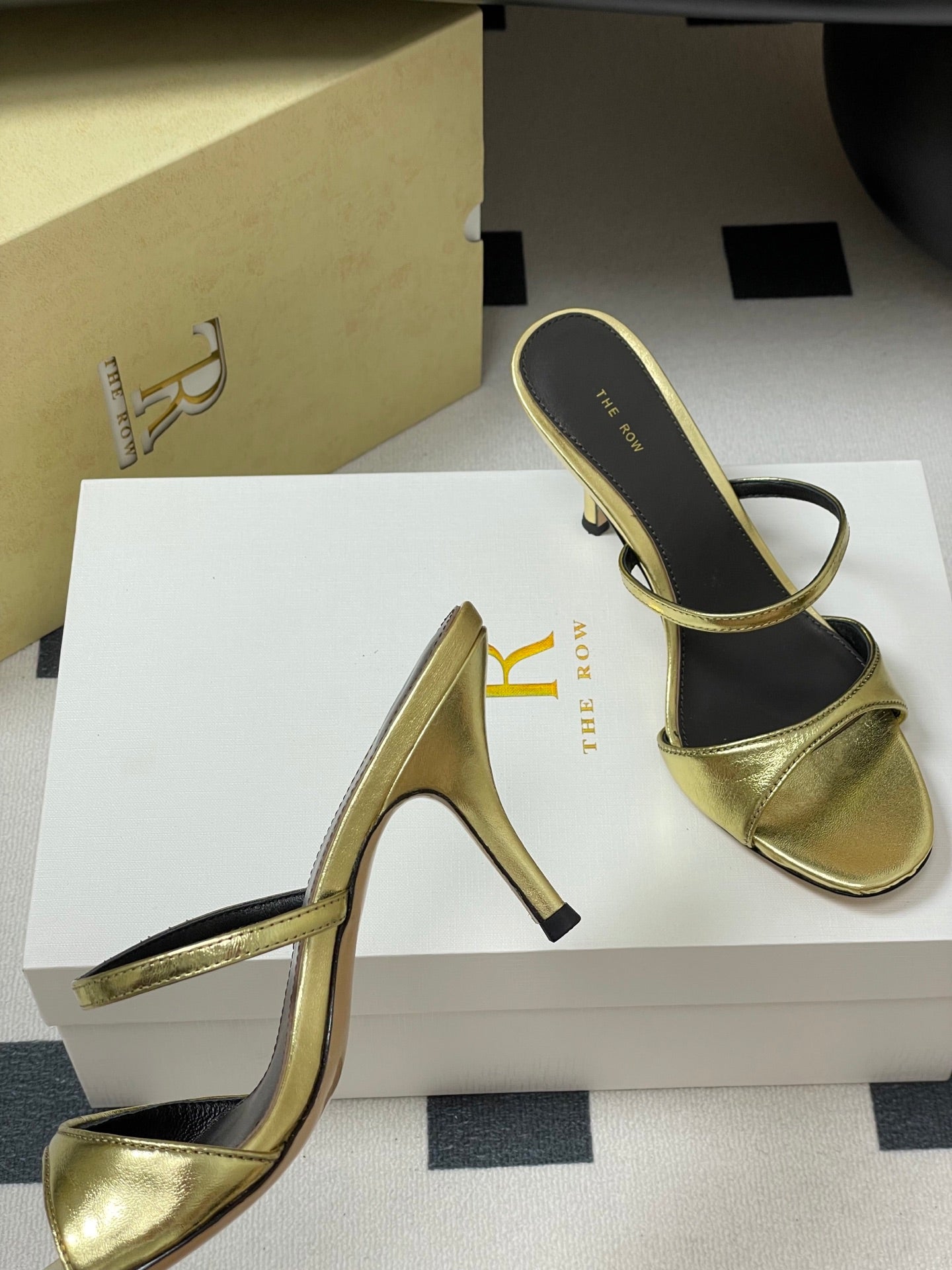 The Row 25S Strap High Heel Mule Sandals 85mm Black Mix Gold Metallic Cowhide 286210