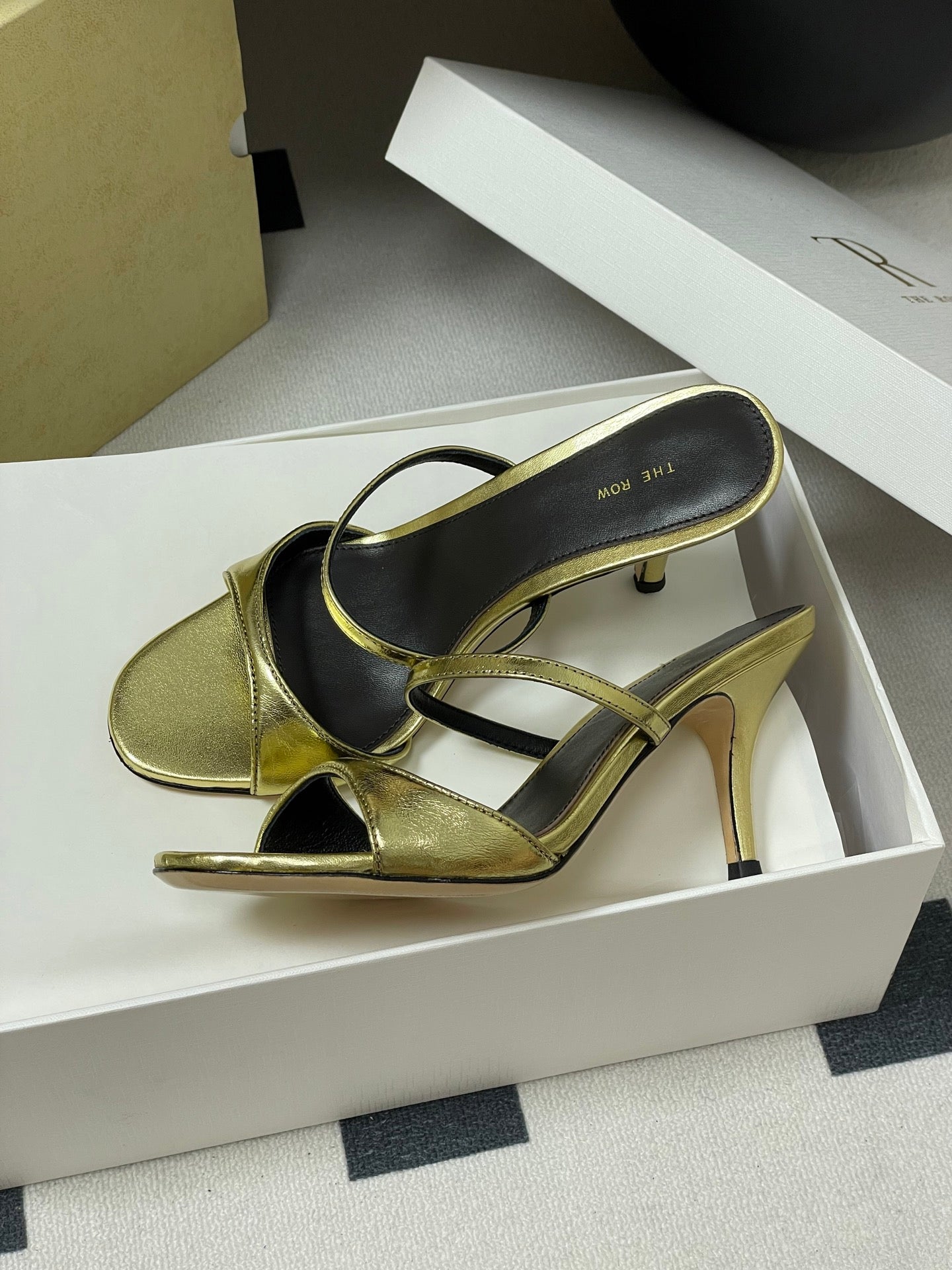 The Row 25S Strap High Heel Mule Sandals 85mm Black Mix Gold Metallic Cowhide 286210