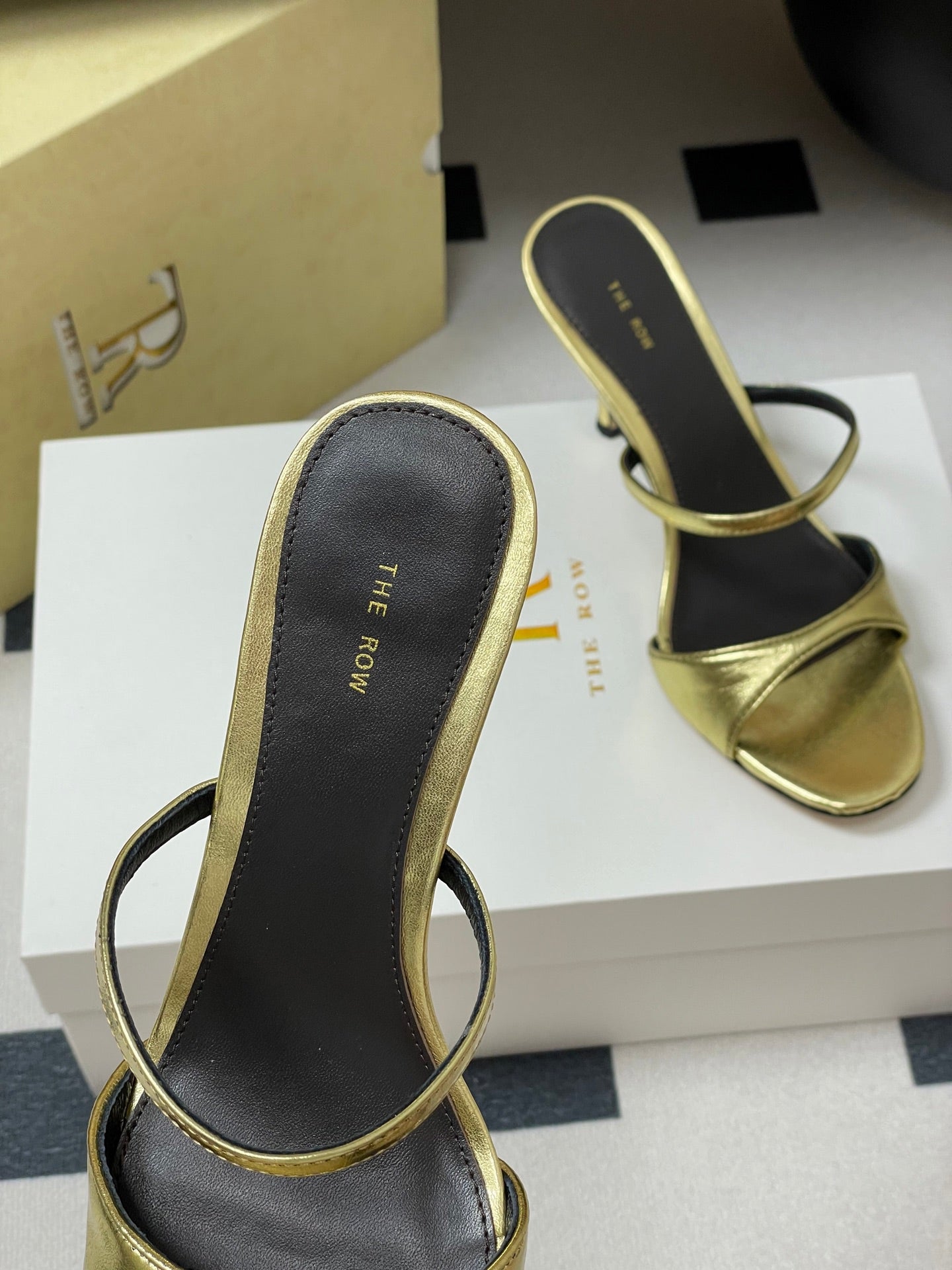 The Row 25S Strap High Heel Mule Sandals 85mm Black Mix Gold Metallic Cowhide 286210