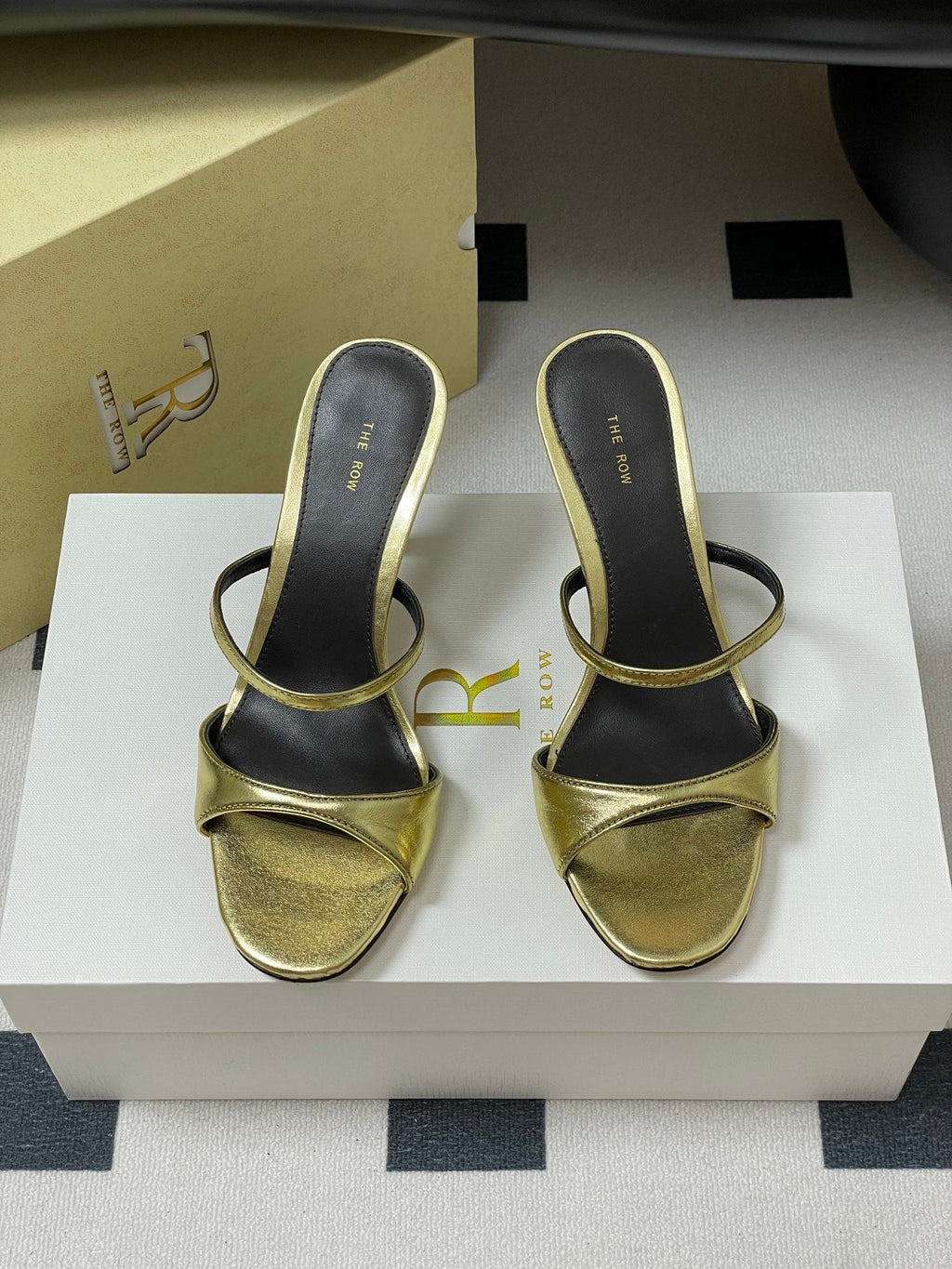 The Row 25S Strap High Heel Mule Sandals 85mm Black Mix Gold Metallic Cowhide 286210