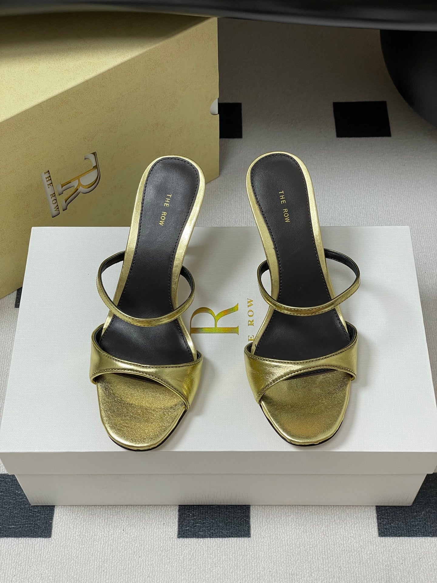 The Row 25S Strap High Heel Mule Sandals 85mm Black Mix Gold Metallic Cowhide 286210