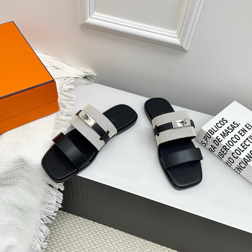 HM 26s Made Men Sandal White Black Calfskin Canvas 726898