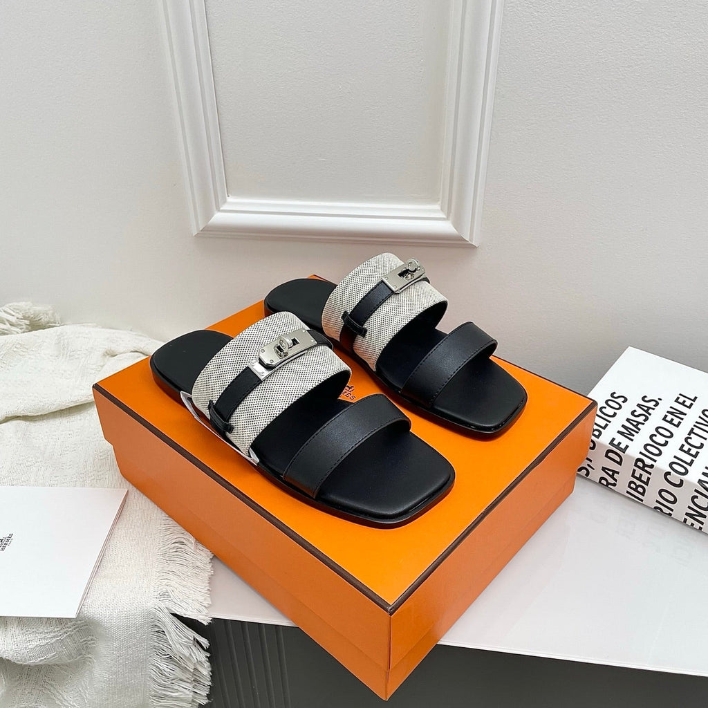 HM 26s Made Men Sandal White Black Calfskin Canvas 726898