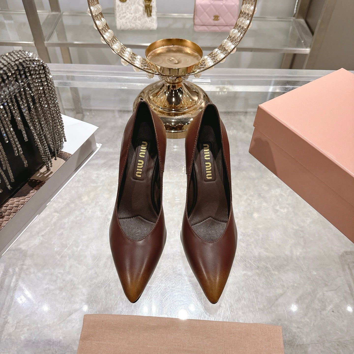 Miu High Heel Pumps Brown Sheepskin 592077