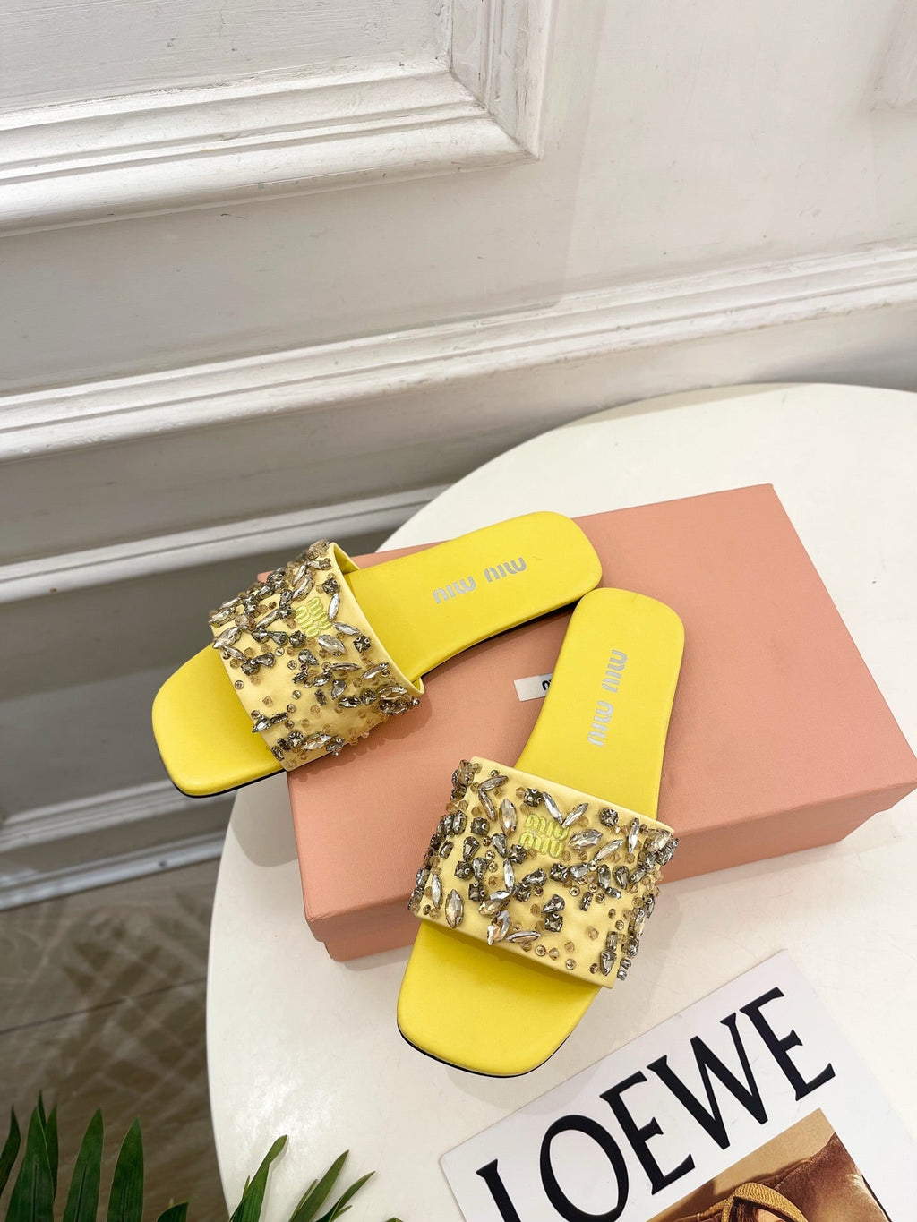 Miu 26s Rhinestone Flat Sandals Yellow Sheepskin Silk 891870