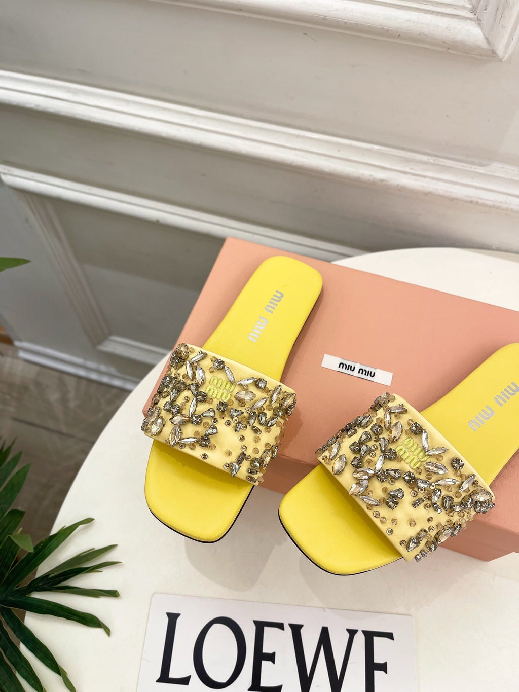 Miu 26s Rhinestone Flat Sandals Yellow Sheepskin Silk 891870