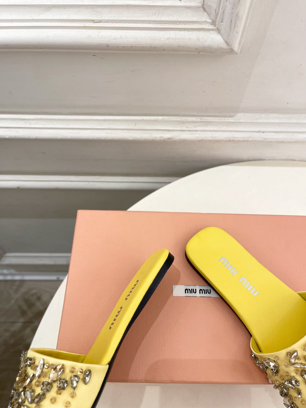 Miu 26s Rhinestone Flat Sandals Yellow Sheepskin Silk 891870