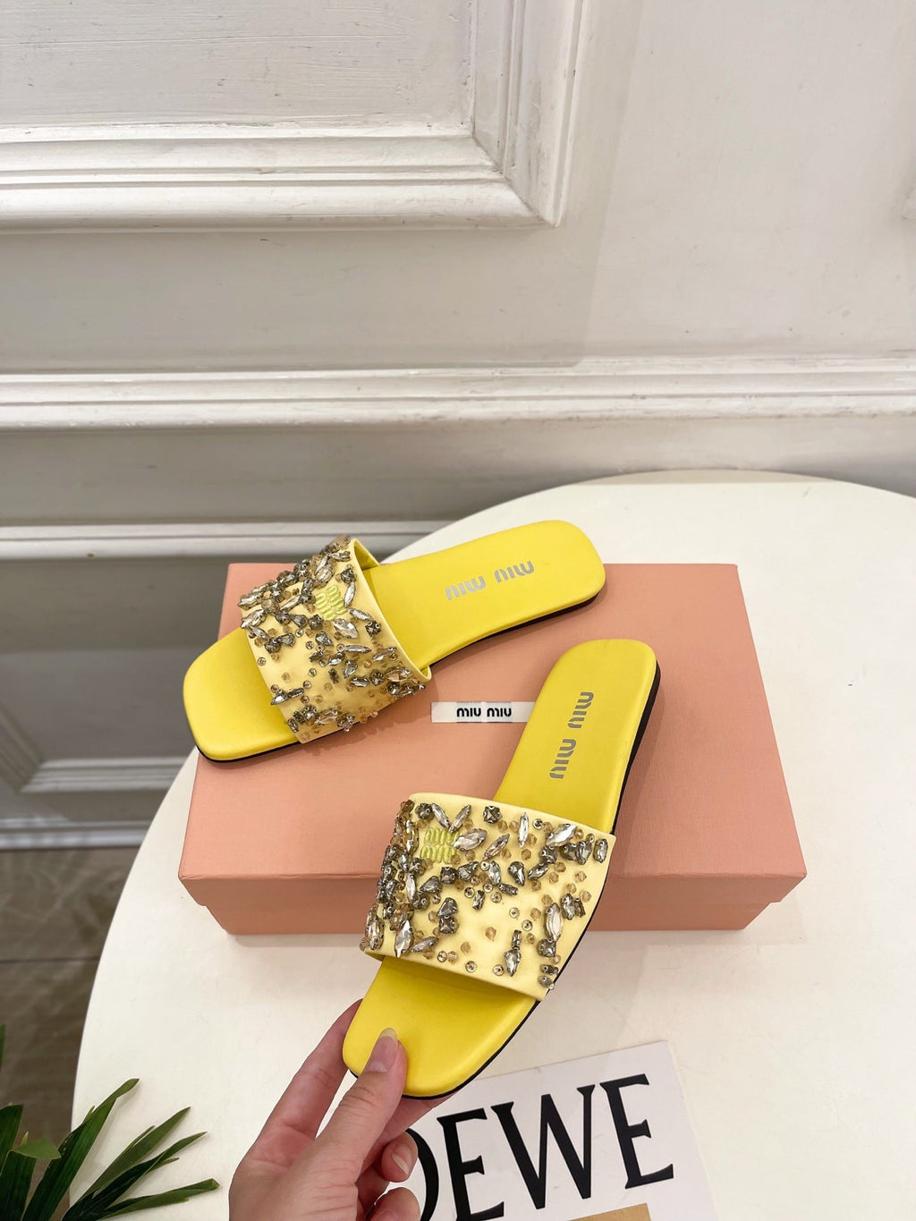 Miu 26s Rhinestone Flat Sandals Yellow Sheepskin Silk 891870