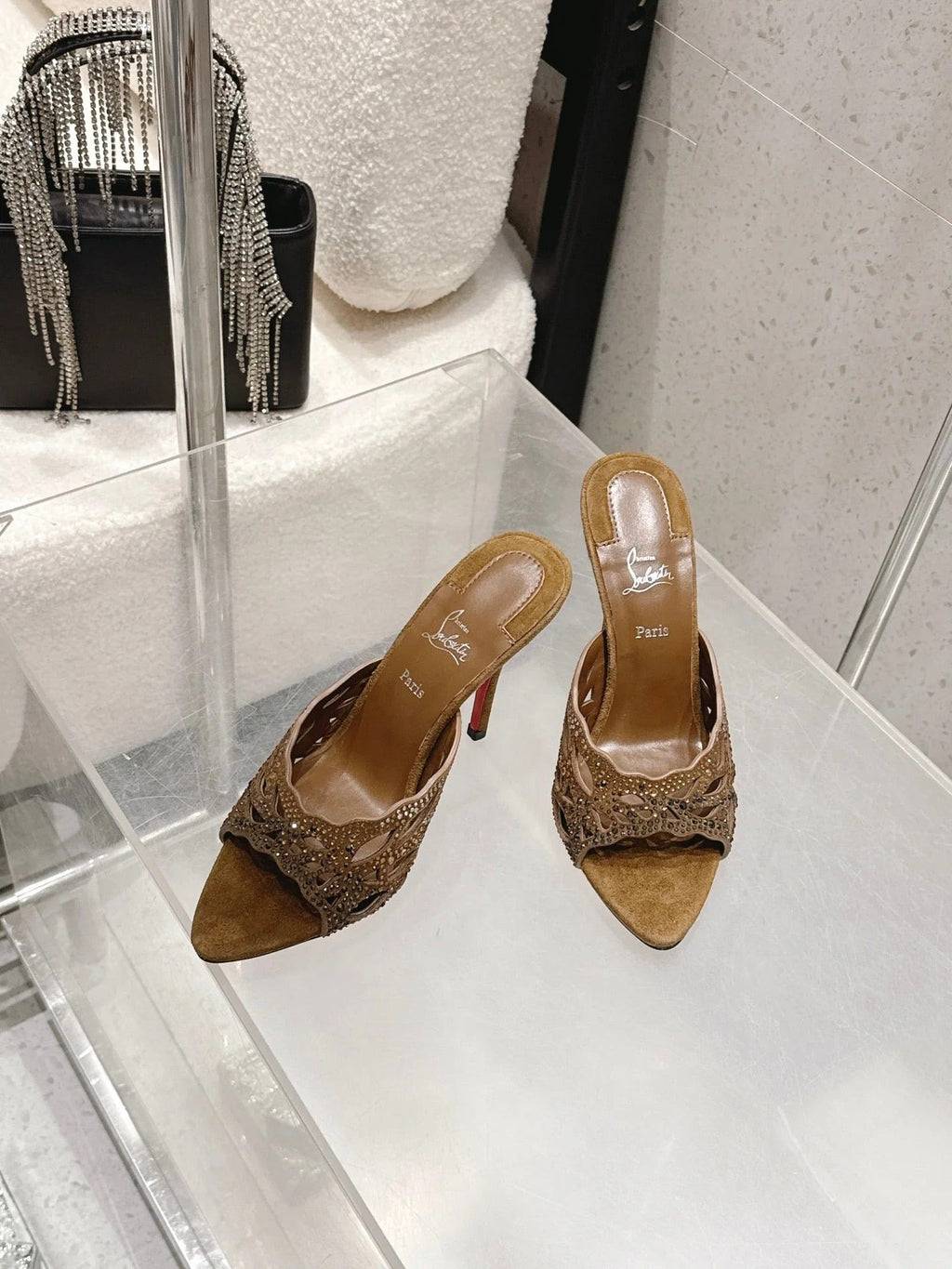 CL 26SS High-Heeled Slippers 100 Camel Brown Suede Sheepskin 636695