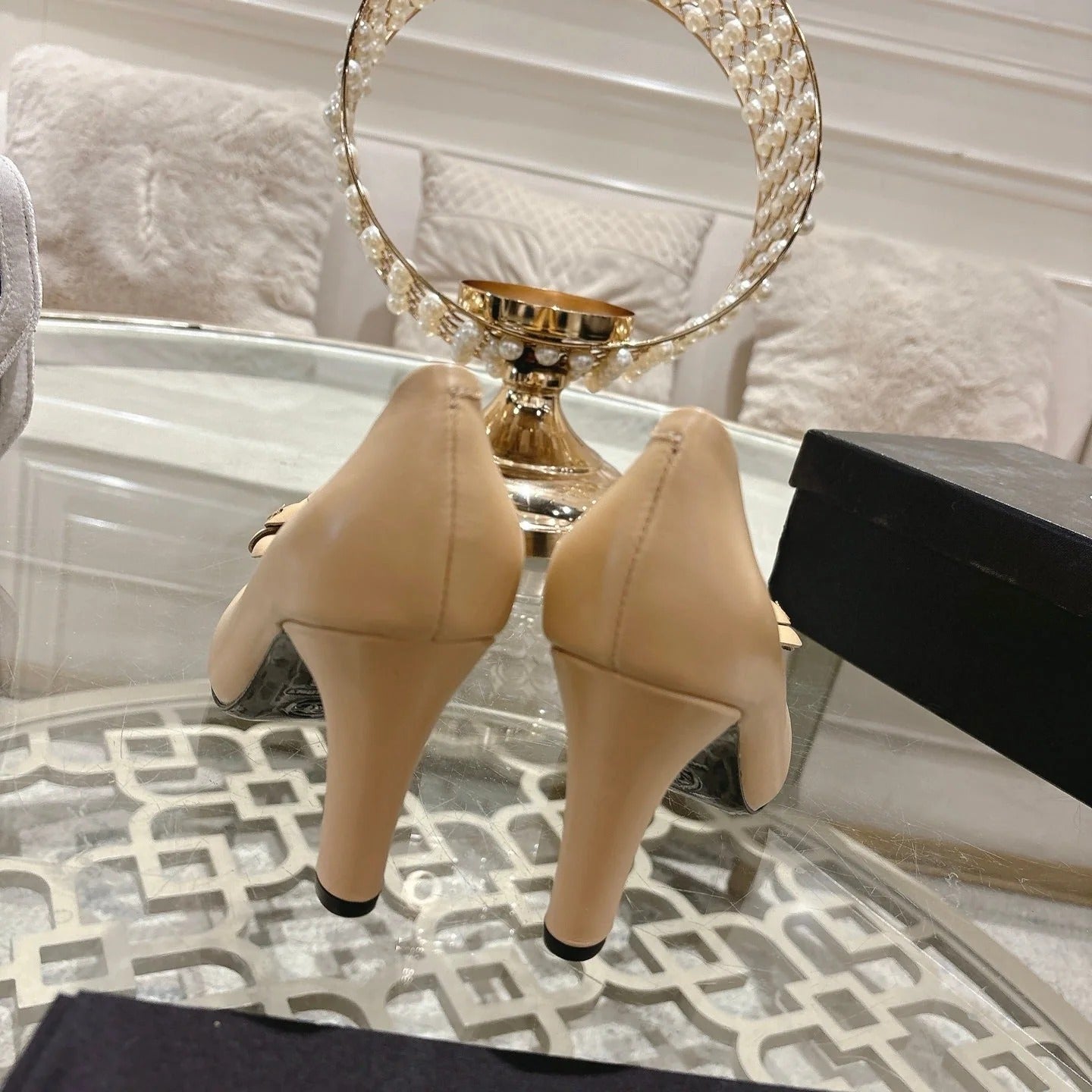 CC 26s High Heels Pump 85 Beige Black Sheepskin 627009