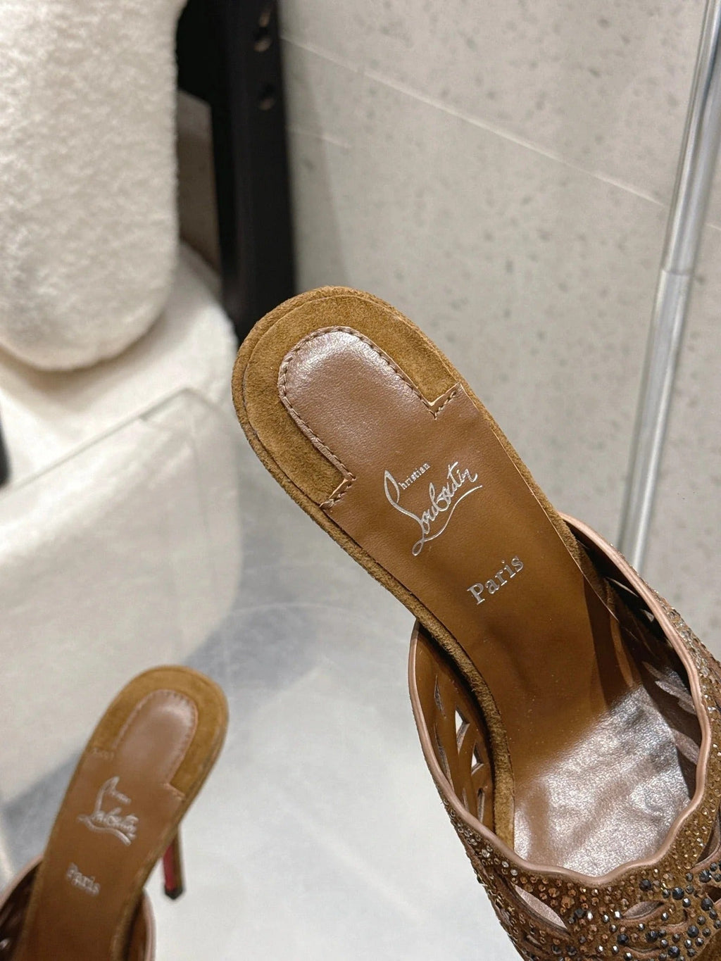 CL 26SS High-Heeled Slippers 100 Camel Brown Suede Sheepskin 636695