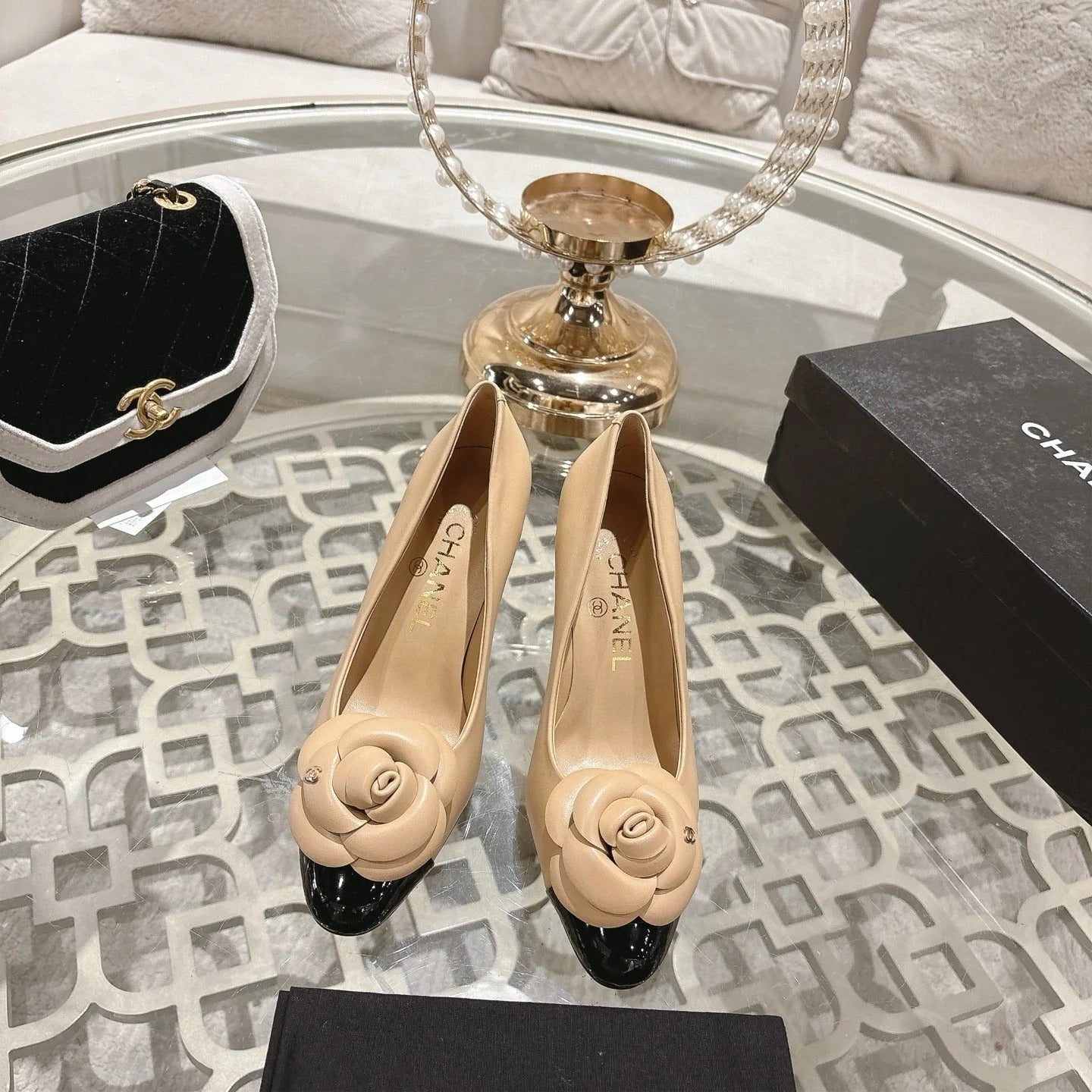 CC 26s High Heels Pump 85 Beige Black Sheepskin 627009