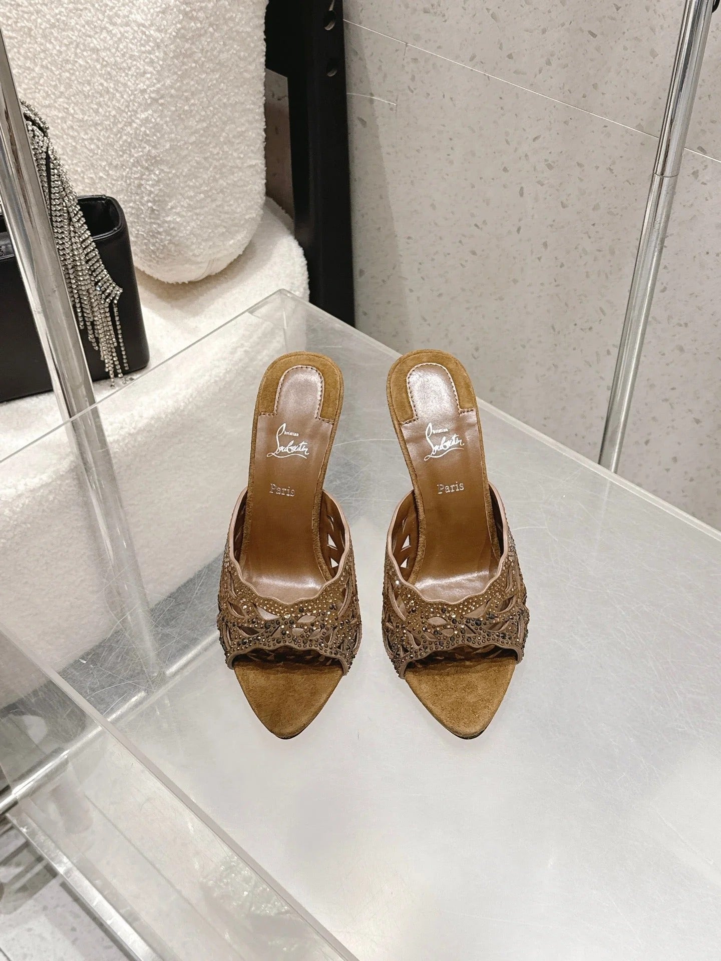 CL 26SS High-Heeled Slippers 100 Camel Brown Suede Sheepskin 636695