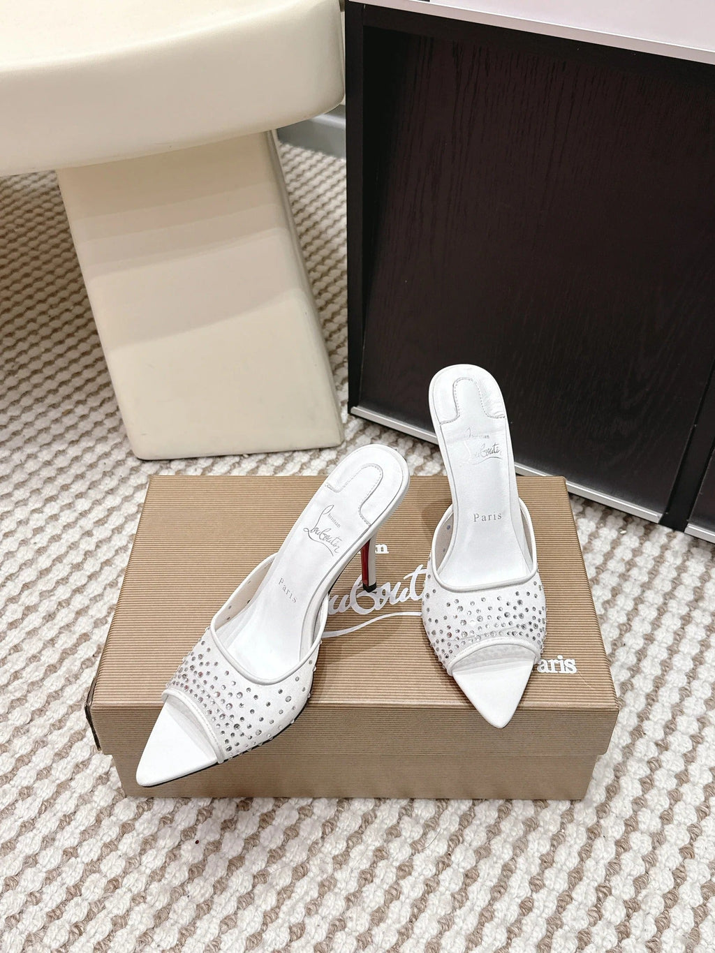CL 26SS High-Heeled Slippers 100 White Mesh Rhinestone Leather 658052