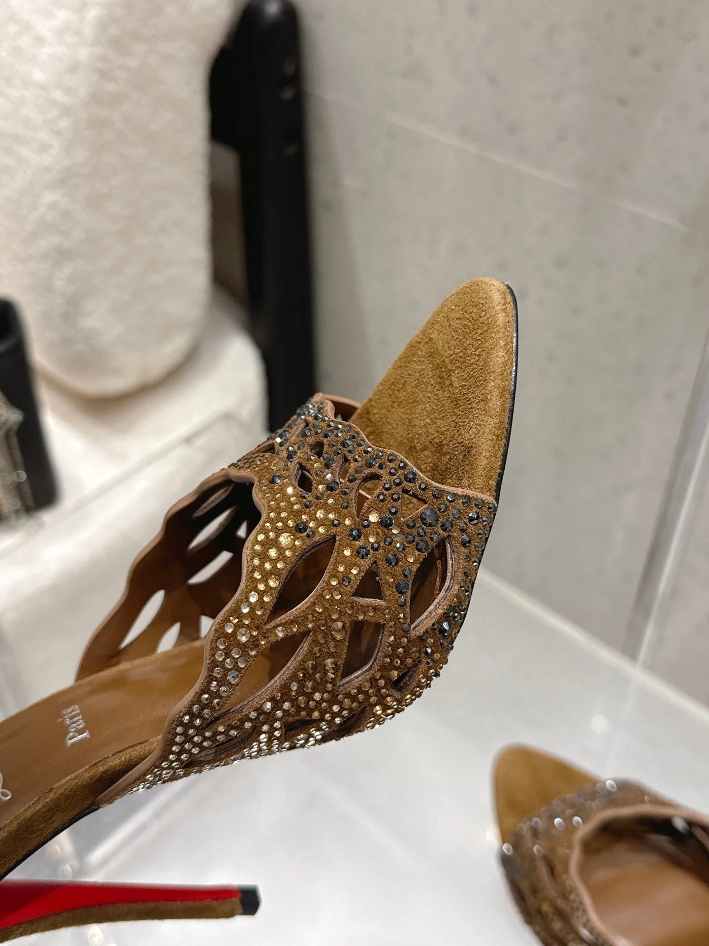 CL 26SS High-Heeled Slippers 100 Camel Brown Suede Sheepskin 636695