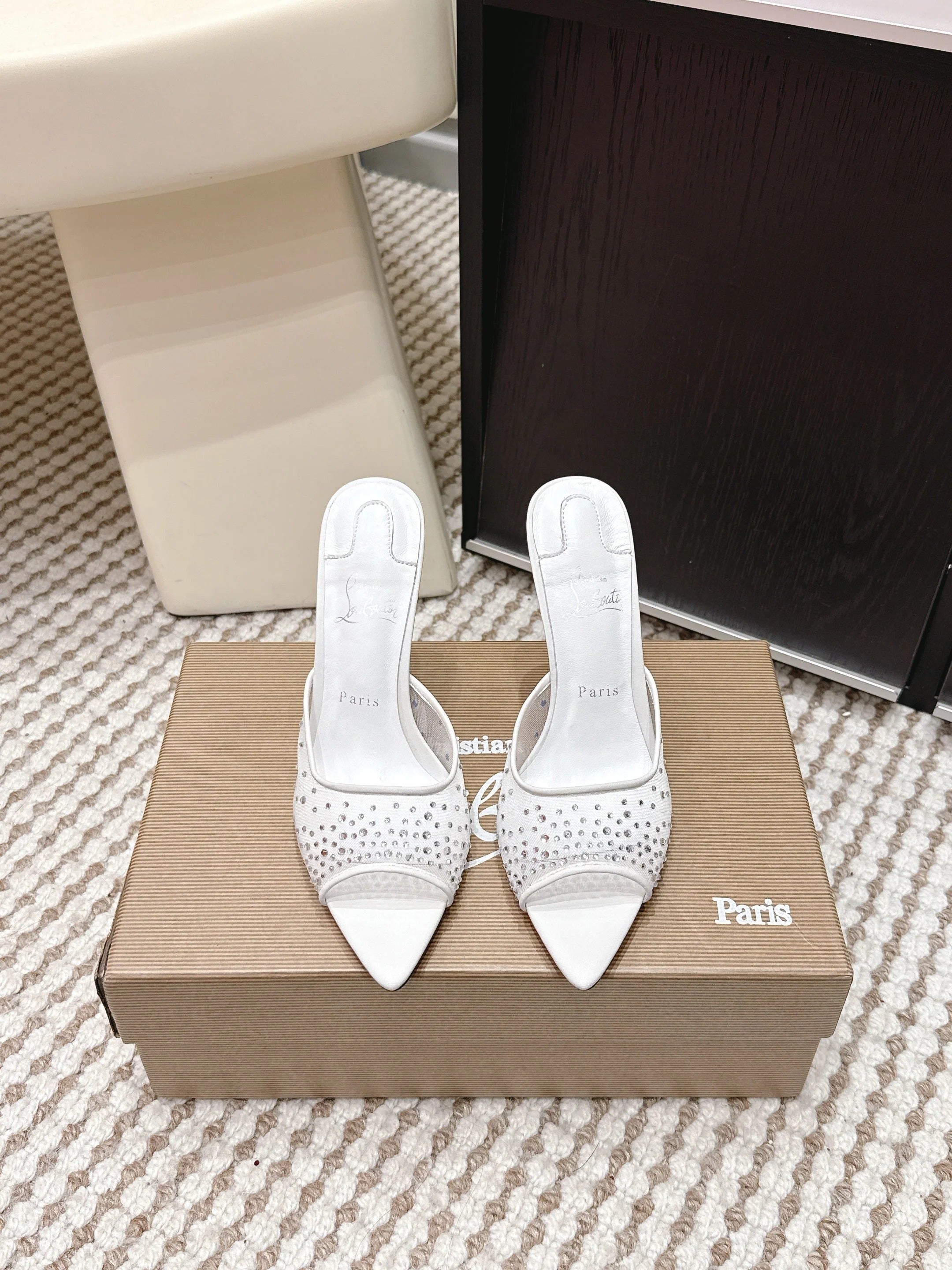 CL 26SS High-Heeled Slippers 100 White Mesh Rhinestone Leather 658052