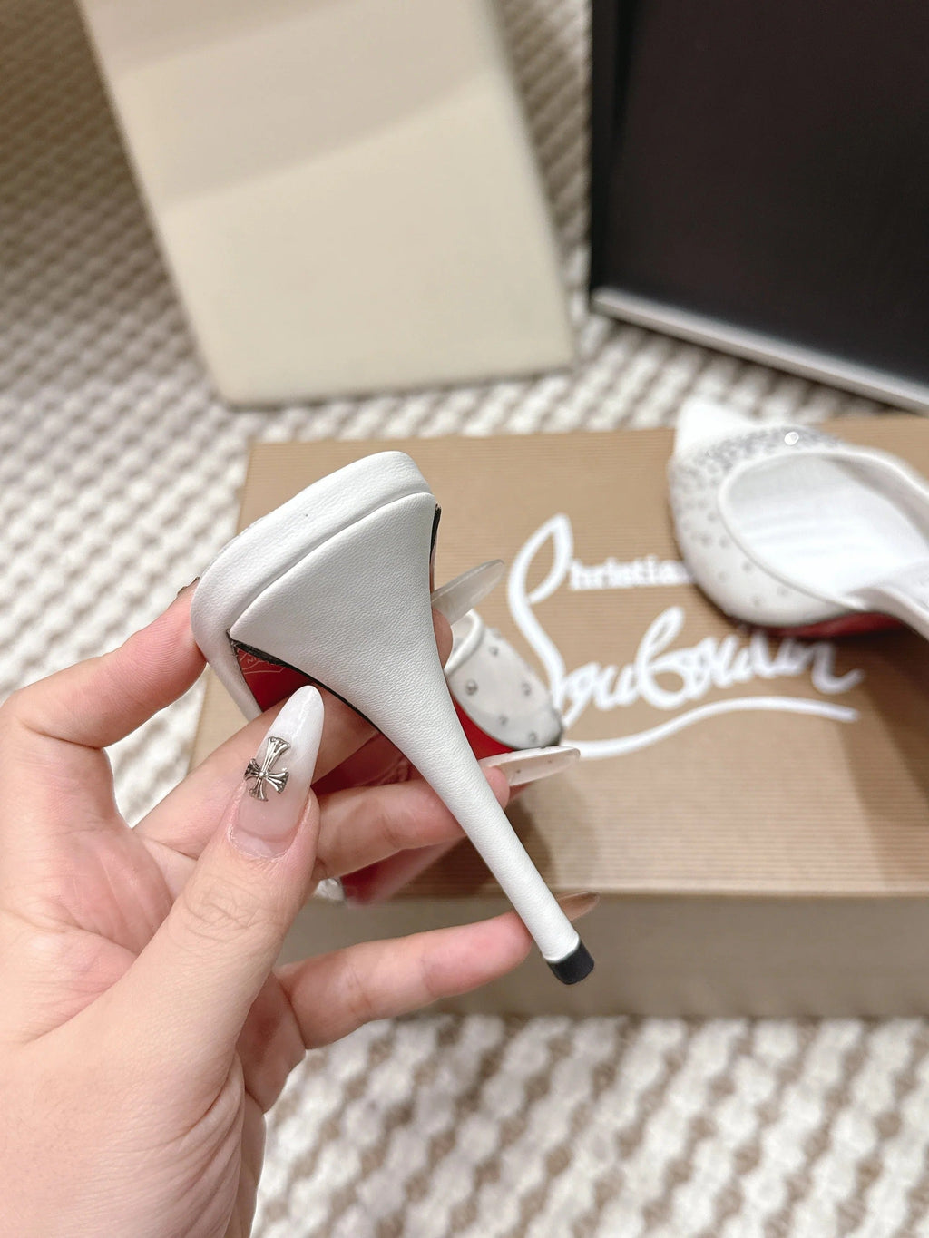 CL 26SS High-Heeled Slippers 100 White Mesh Rhinestone Leather 658052
