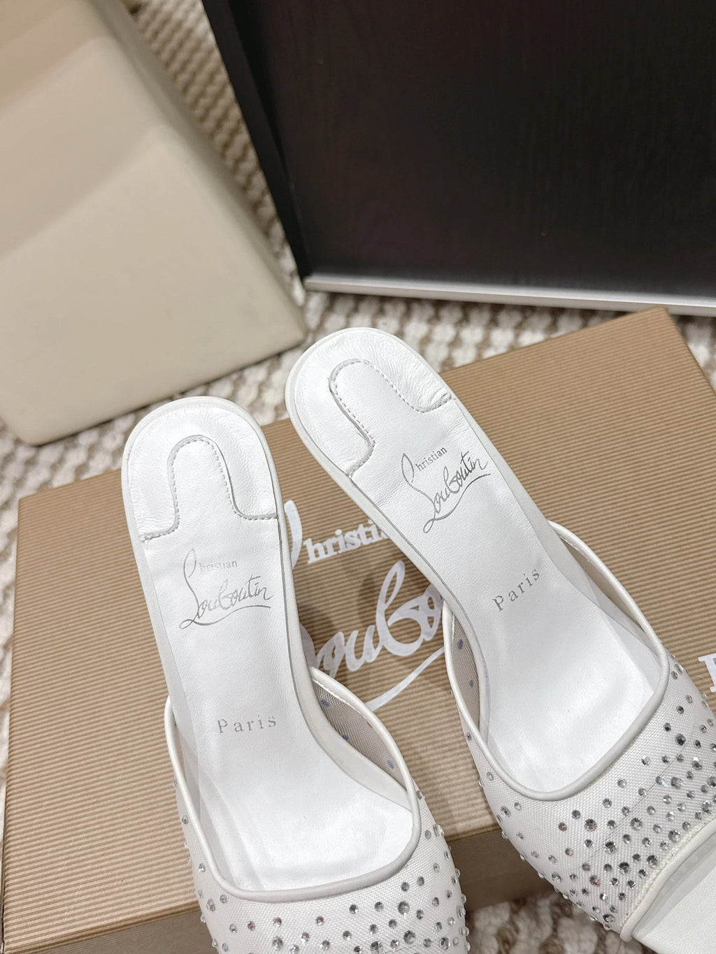 CL 26SS High-Heeled Slippers 100 White Mesh Rhinestone Leather 658052
