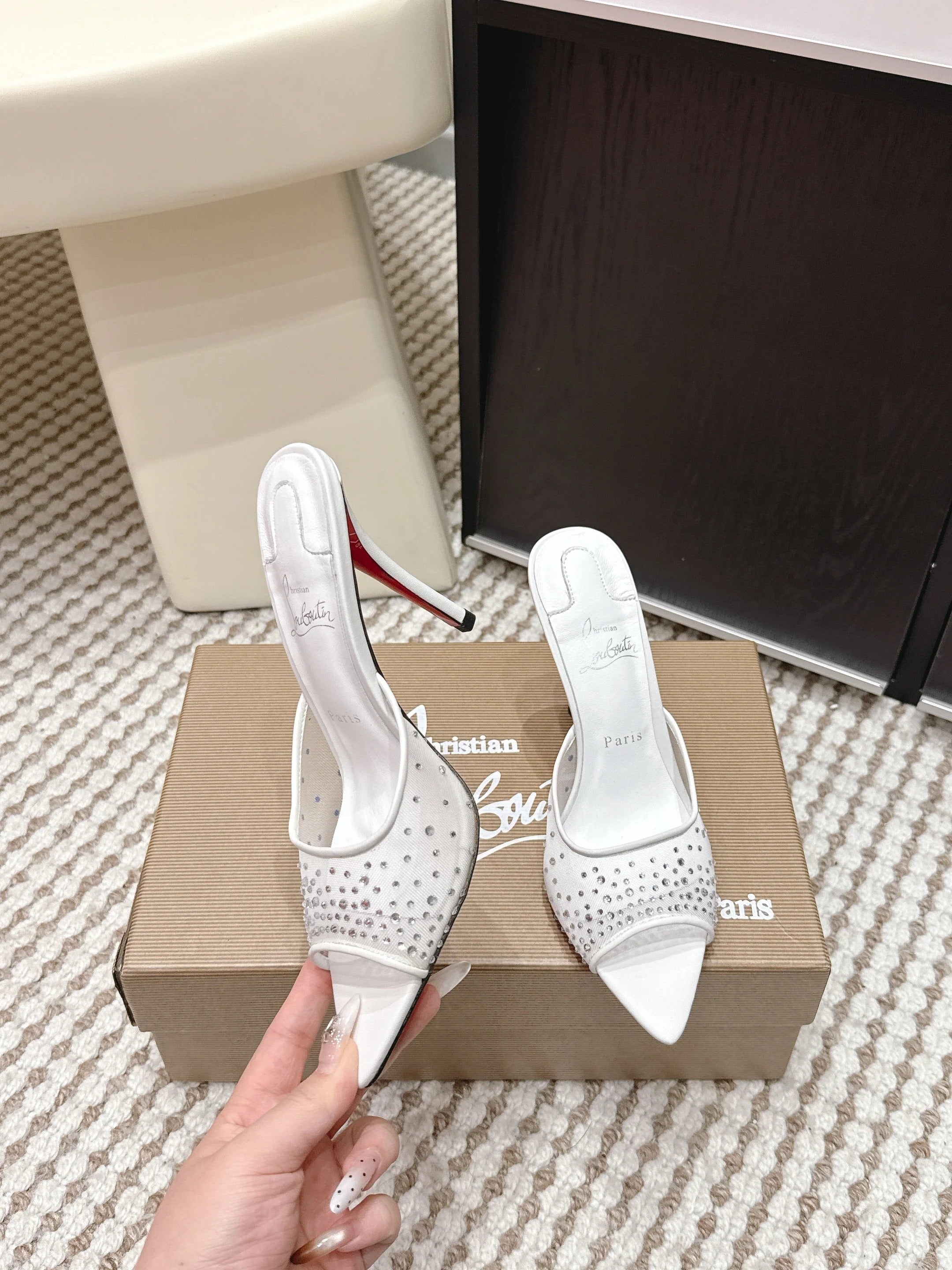 CL 26SS High-Heeled Slippers 100 White Mesh Rhinestone Leather 658052