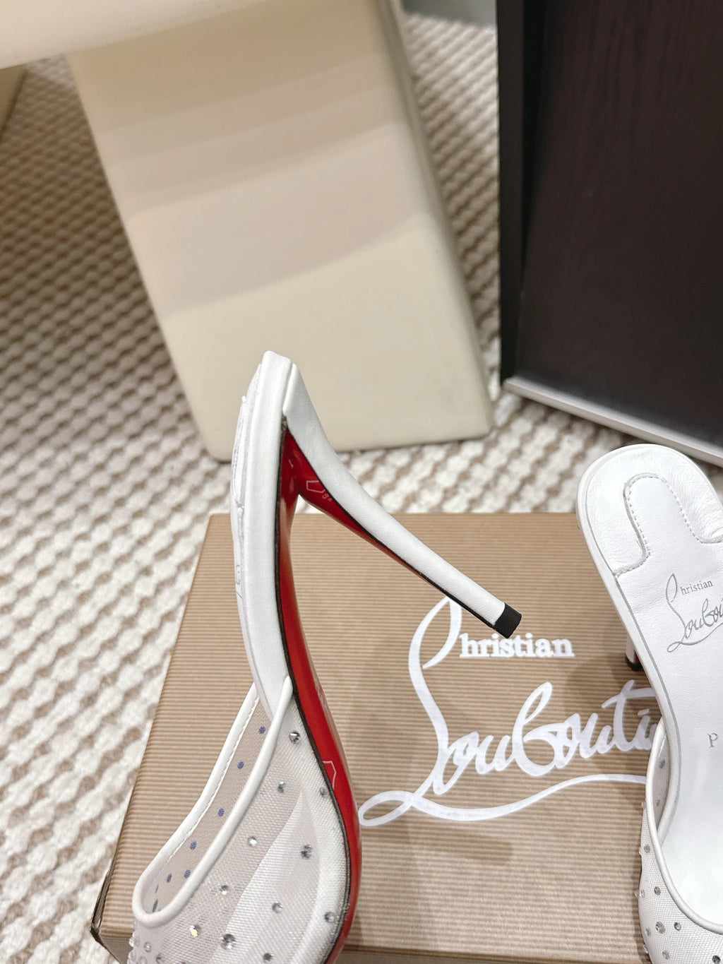 CL 26SS High-Heeled Slippers 100 White Mesh Rhinestone Leather 658052
