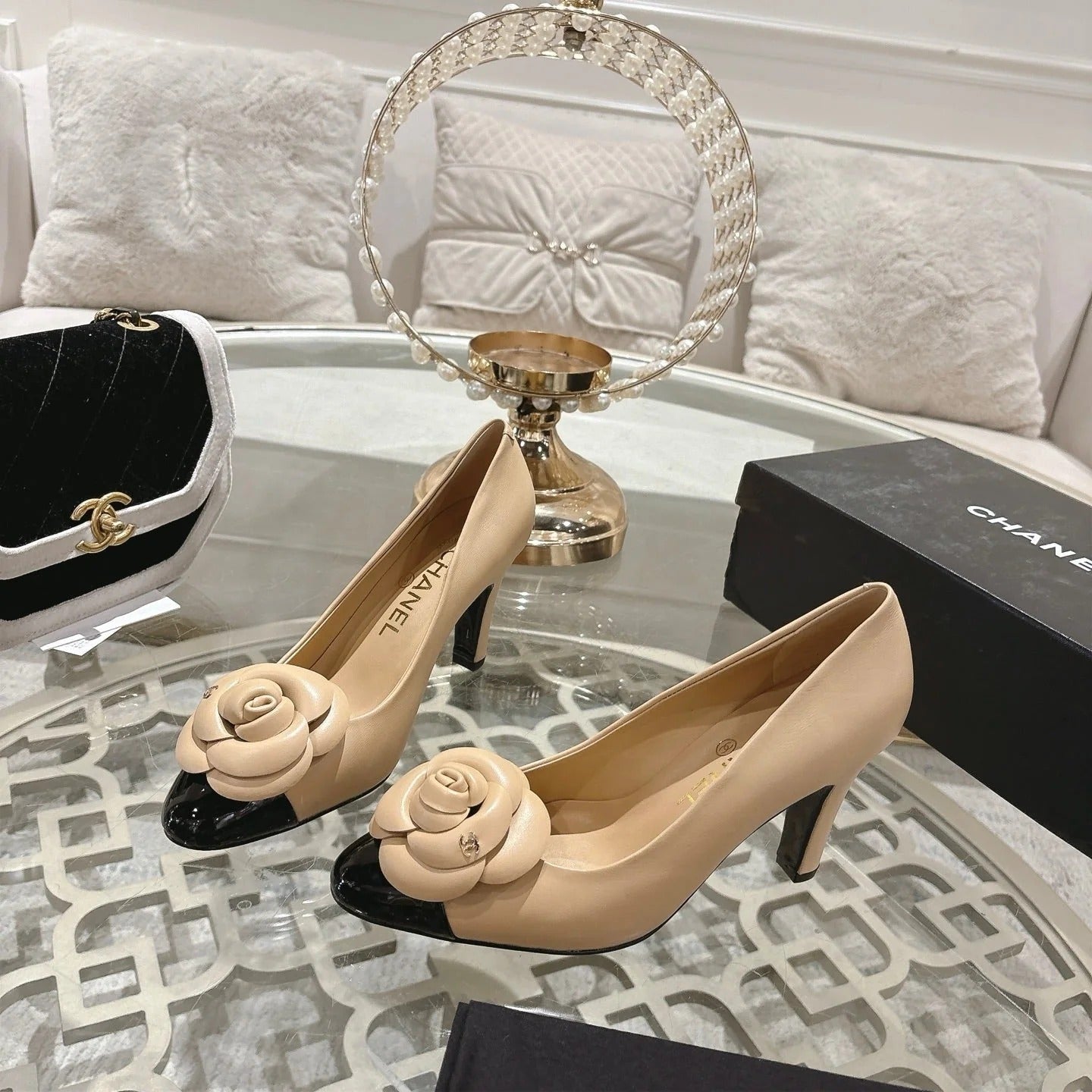 CC 26s High Heels Pump 85 Beige Black Sheepskin 627009