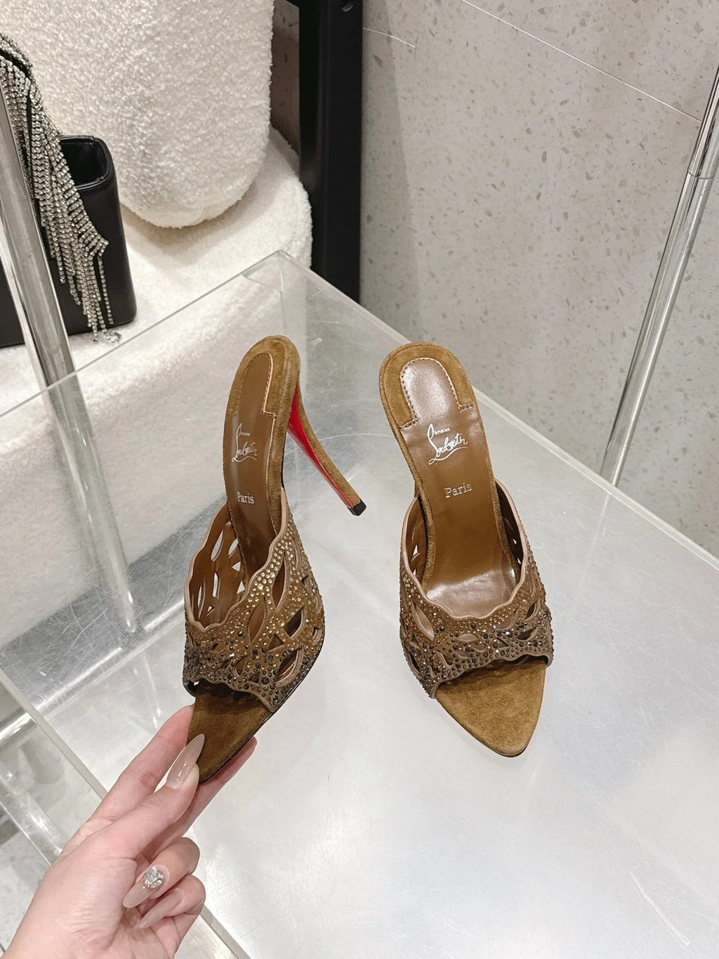 CL 26SS High-Heeled Slippers 100 Camel Brown Suede Sheepskin 636695