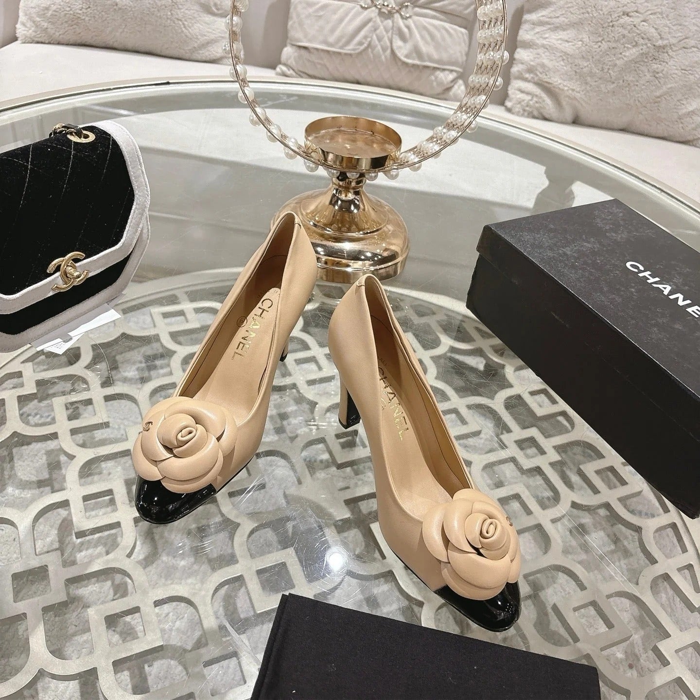 CC 26s High Heels Pump 85 Beige Black Sheepskin 627009
