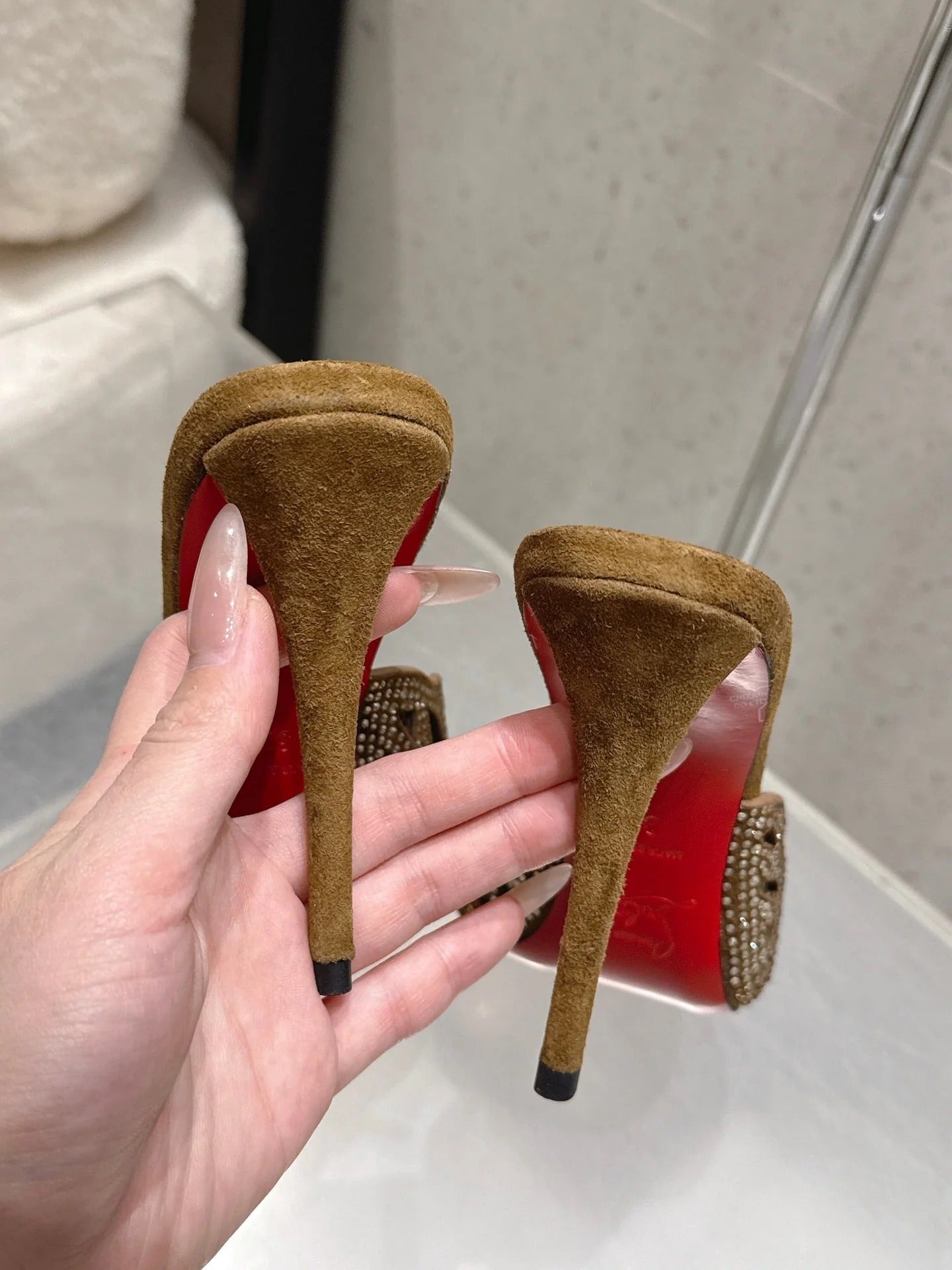 CL 26SS High-Heeled Slippers 100 Camel Brown Suede Sheepskin 636695